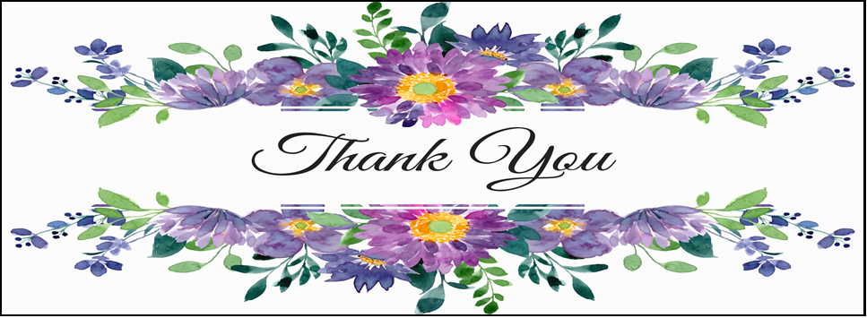 Thank you with purple flowers above and below the text