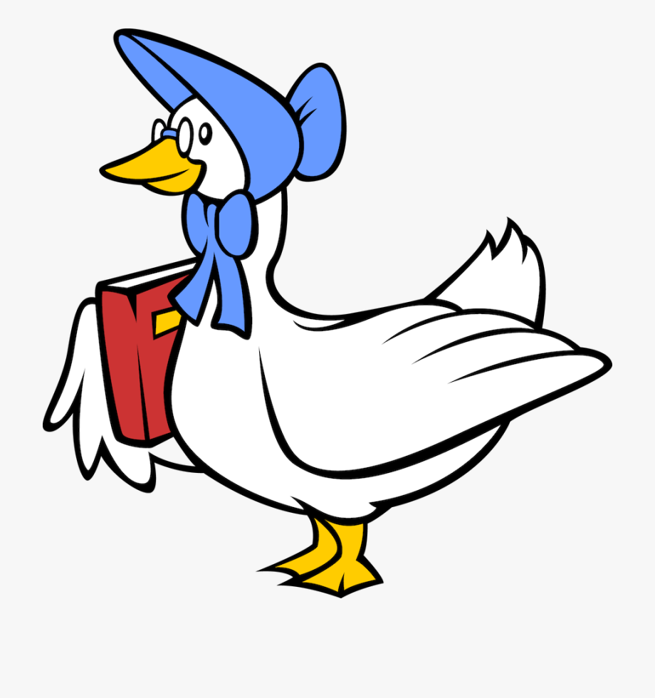 white goose with glasses and a blue bonnet holding a book