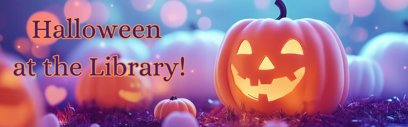 Halloween at the Library! orange jack-o-lantern with blurry white ones behind it with glowing purple and pink spots