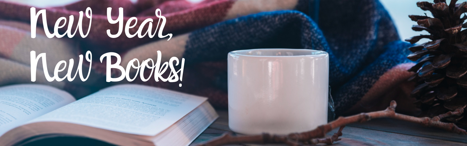 "New Year, New Books!" blanket, open book, candle and pinecones