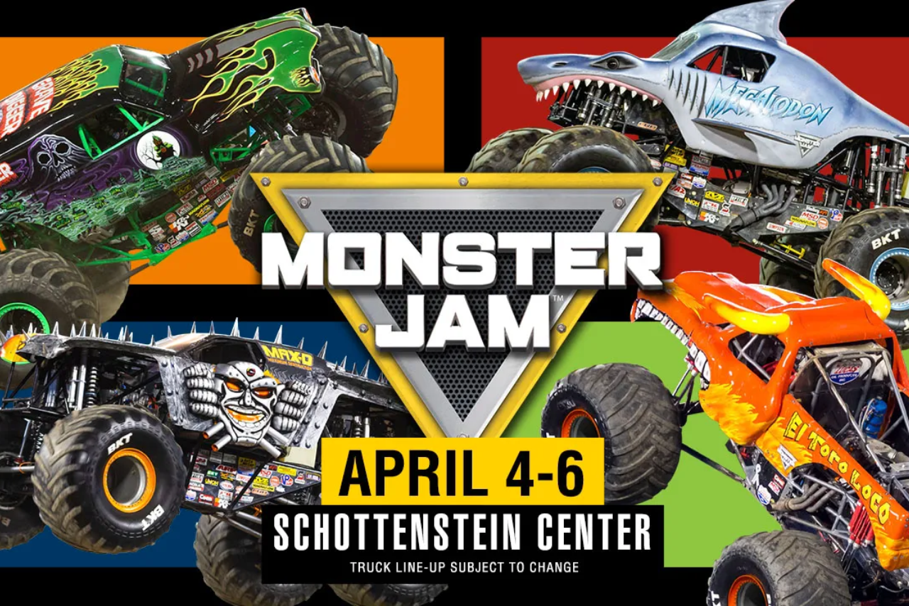 "Monster Jam April 4-6 Schottenstein Center" monster jam logo and 4 different monster trucks