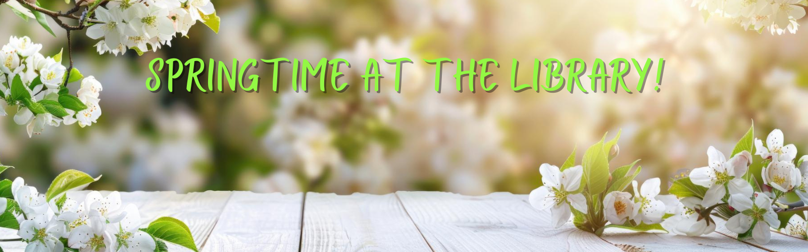 "Springtime at the Library!" white wooden board with white flowers on branches