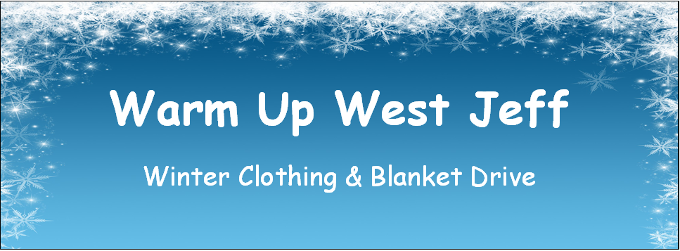 Warm Up West Jeff Winter Clothing & Blanket Drive text on a blue background with snowflakes