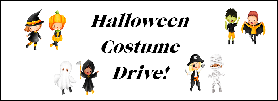 Halloween Costume Drive text with clipart images of children in classic costumes