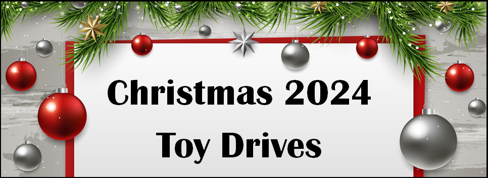 Christmas 2024 Toy Drives with a border of garland, silver and red ornaments and stars