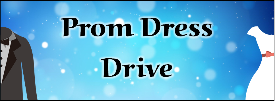 "Prom Dress Drive" blue sparkling background with half a suit and a white dress