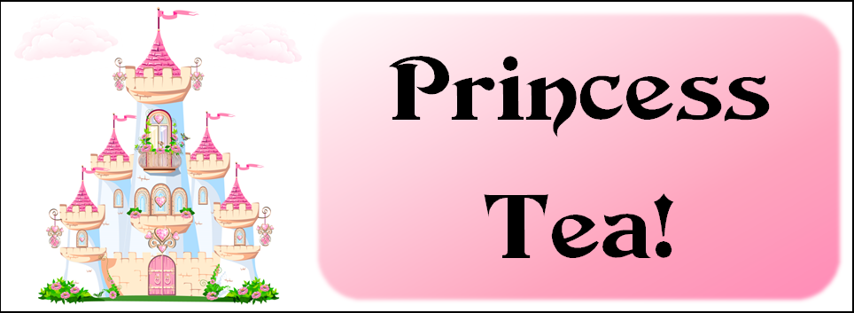 "Princess Tea!" on a pink background with a pretty pink and white castle