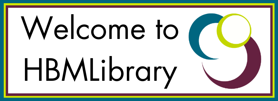 Welcome to HBMLibrary with a multicolored border and the Library logo