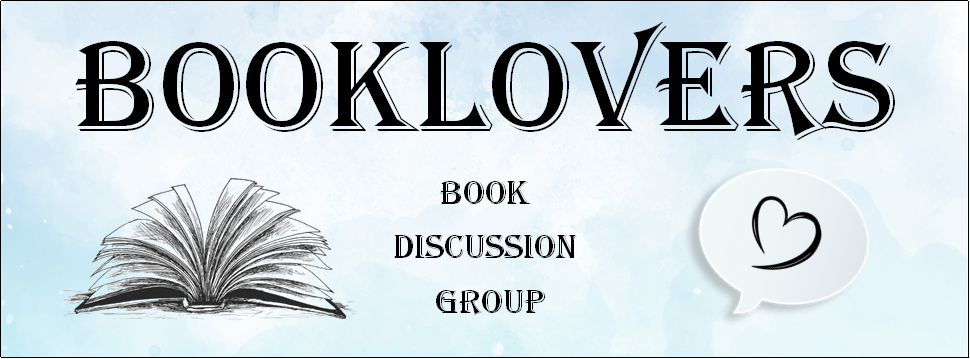 "Booklovers Book Discussion Group" blue background with a book and a speech bubble with a heart inside