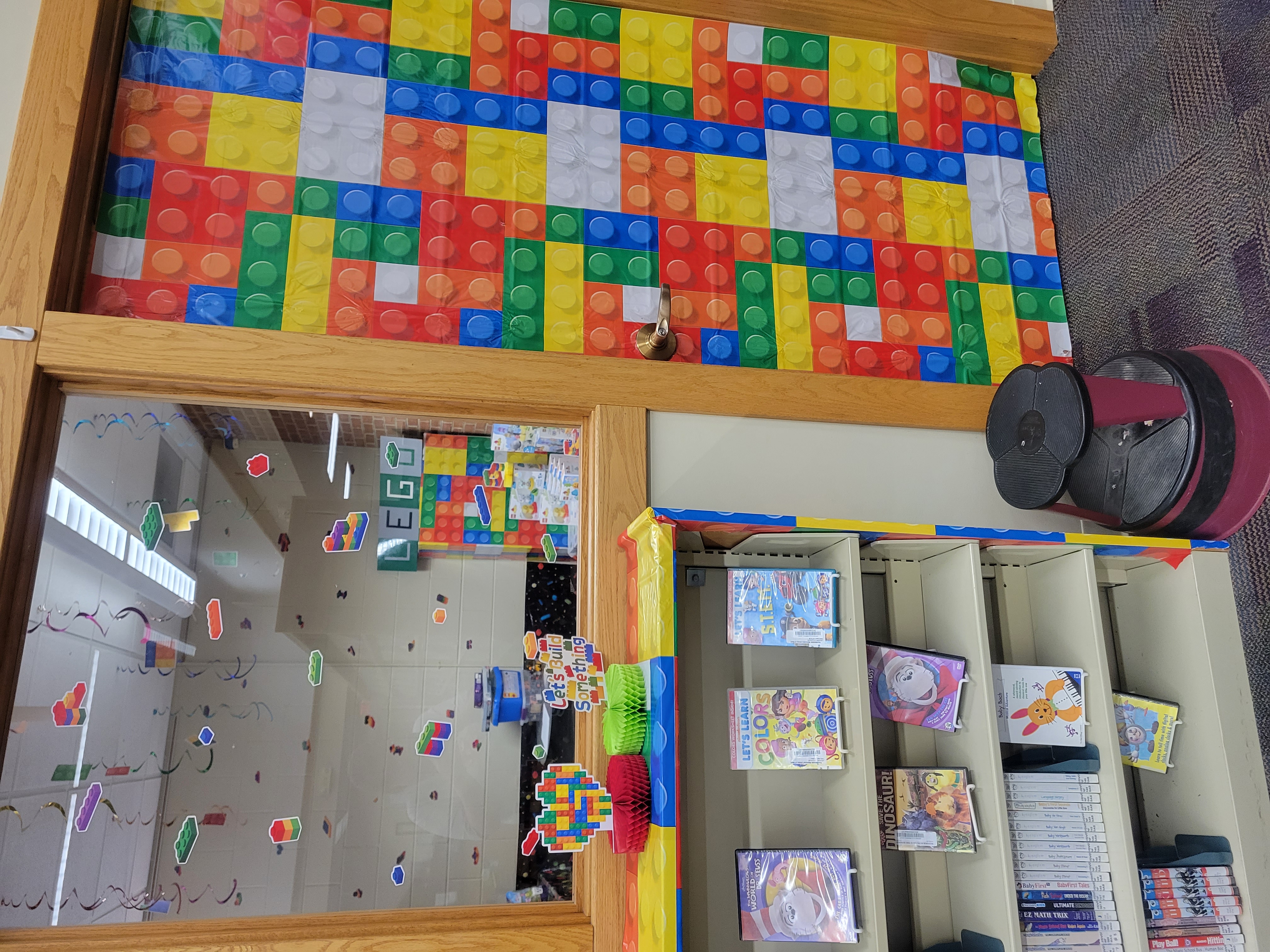 window and door decorated with building blocks