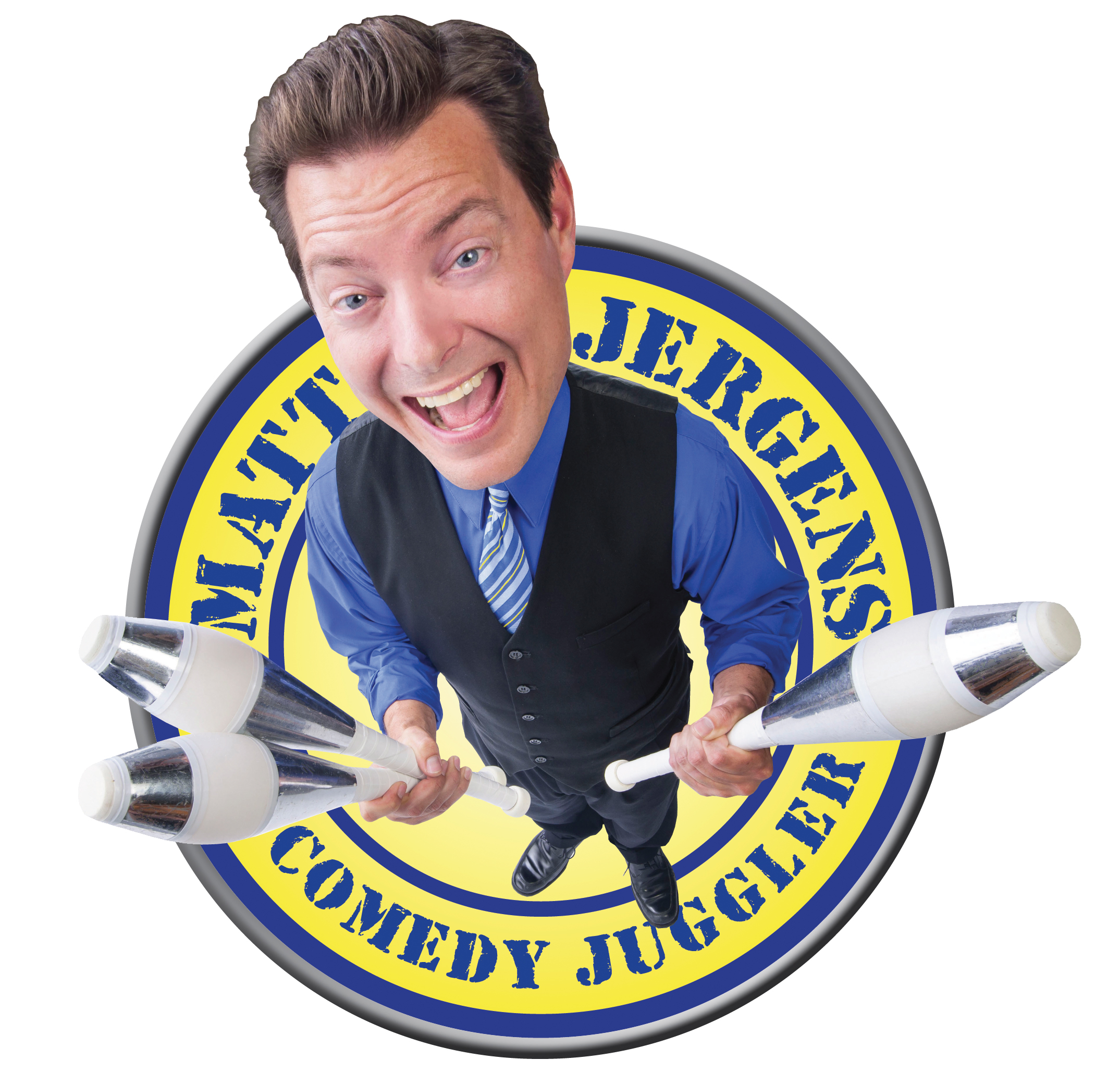 Matt Jergens Comedy Juggler logo with photo of matt holding juggling pins