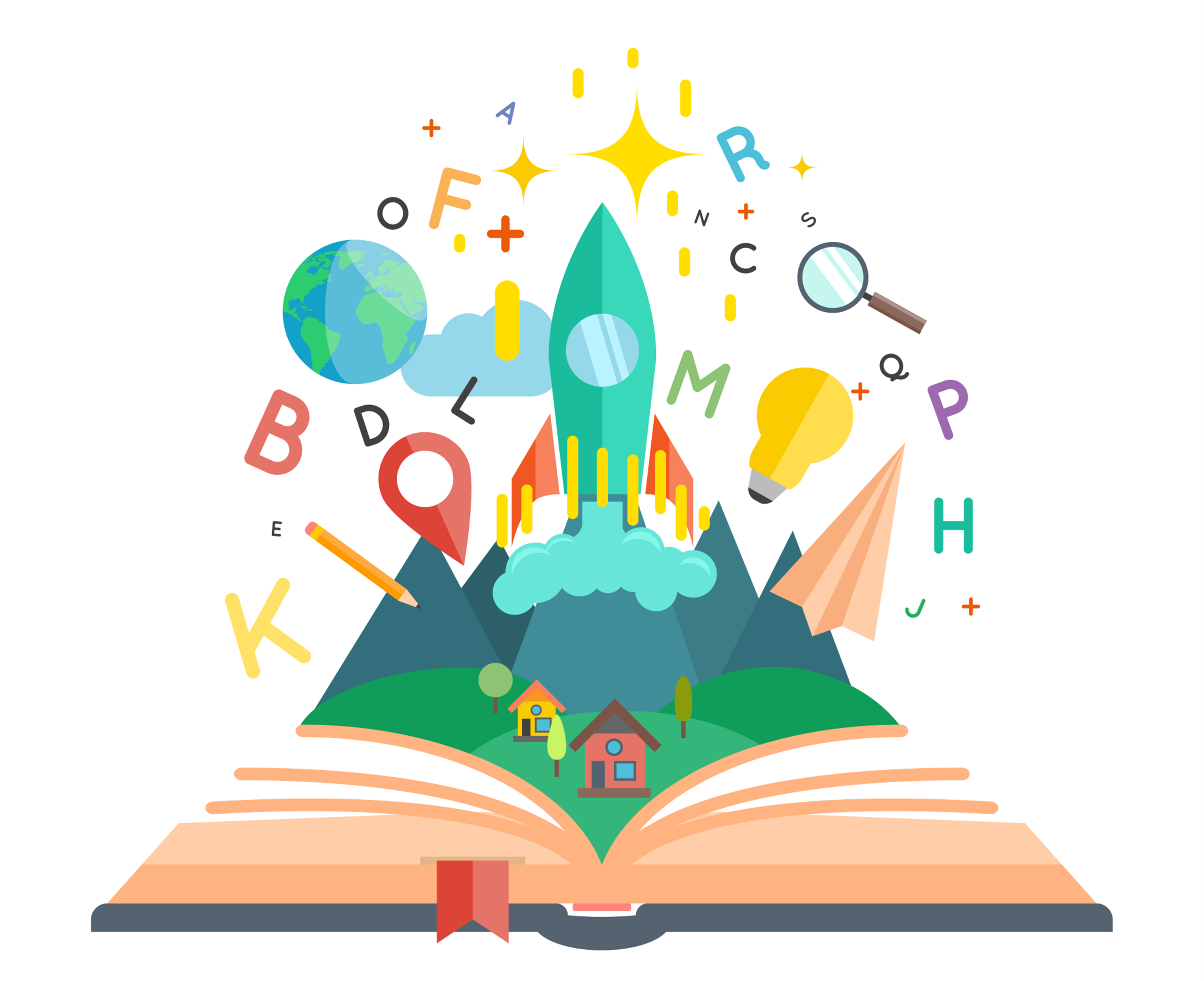 open book with mountains, a rocket, 2 houses, letters and other science images floating above it.