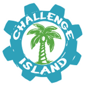 Blue gear with a green palm tree in the middle that says Challenge Island