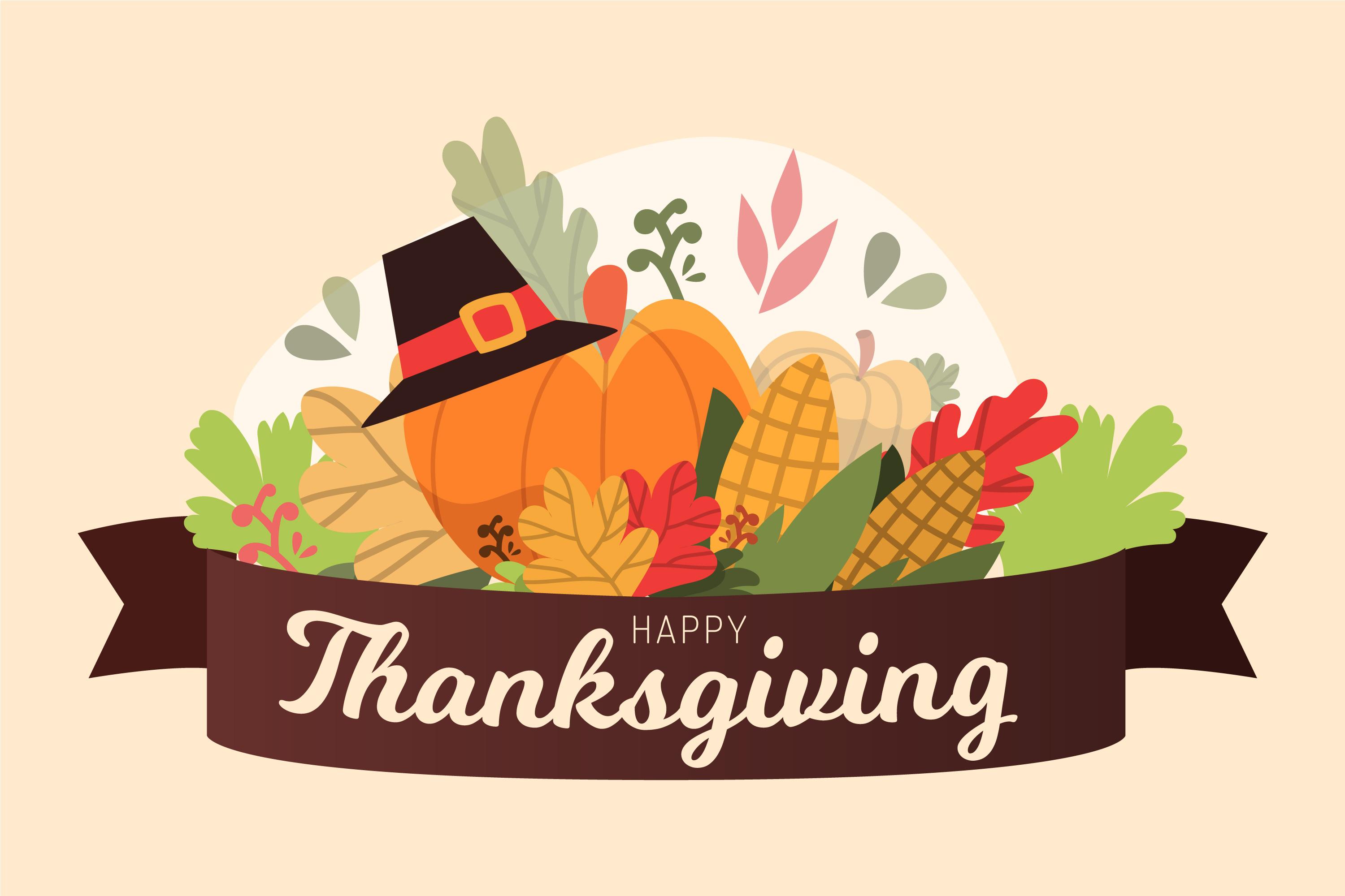 peach background with leaves, corn on the cob and a pumpkin with a pilgrim hat on top all within a brown banner that says"Happy Thanksgiving"