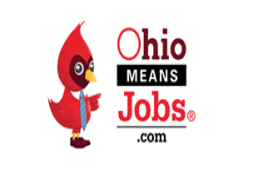 Red cardinal with a collar and tie with the text "Ohio Means Jobs .com"