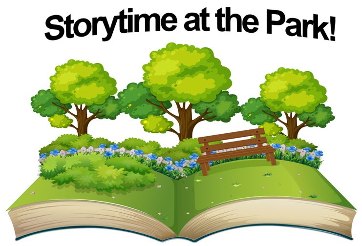 "Storytime at the Park!" open book with grass, bench, bushes and trees on it
