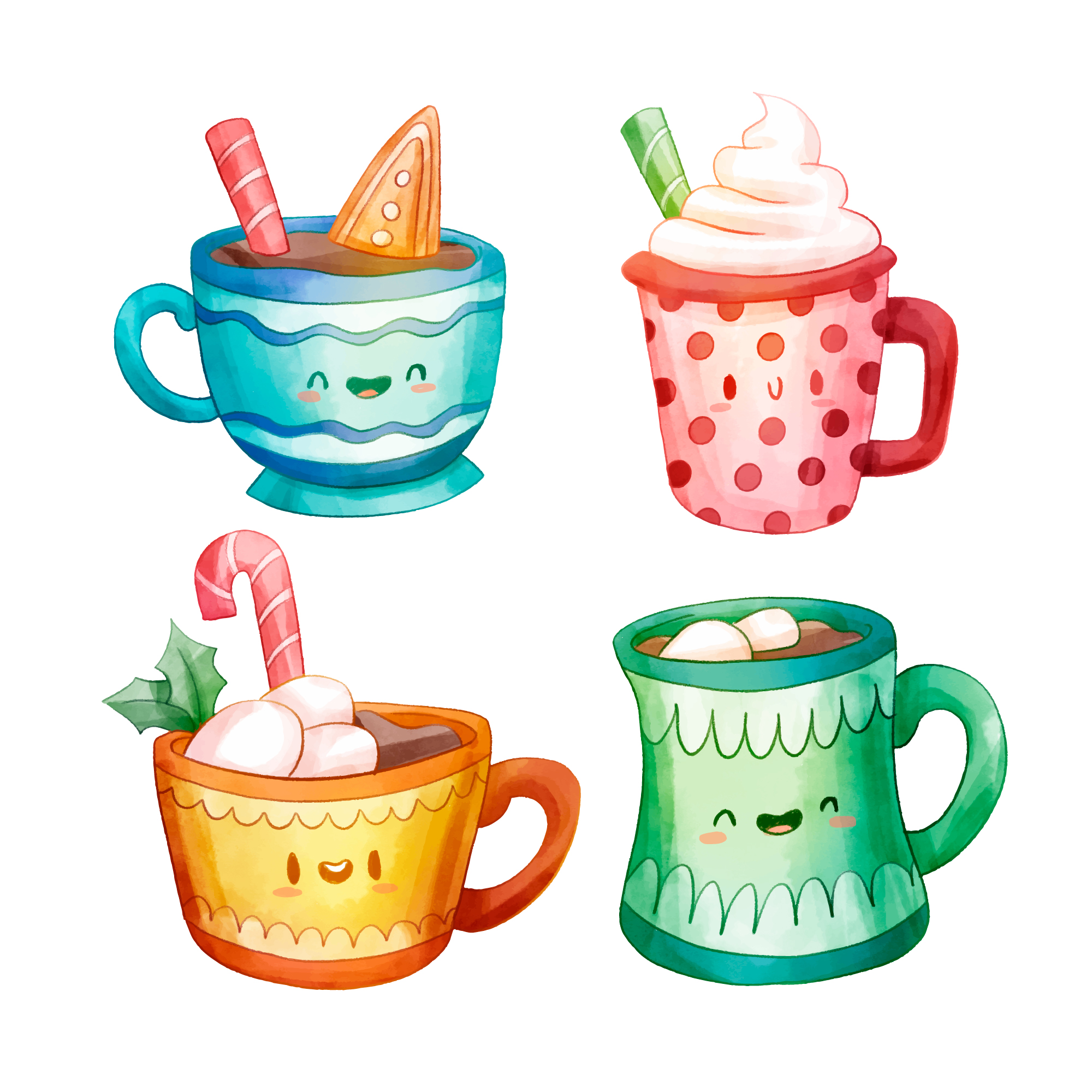 four different colored mugs with smiling faces filled with hot cocoa and other goodies