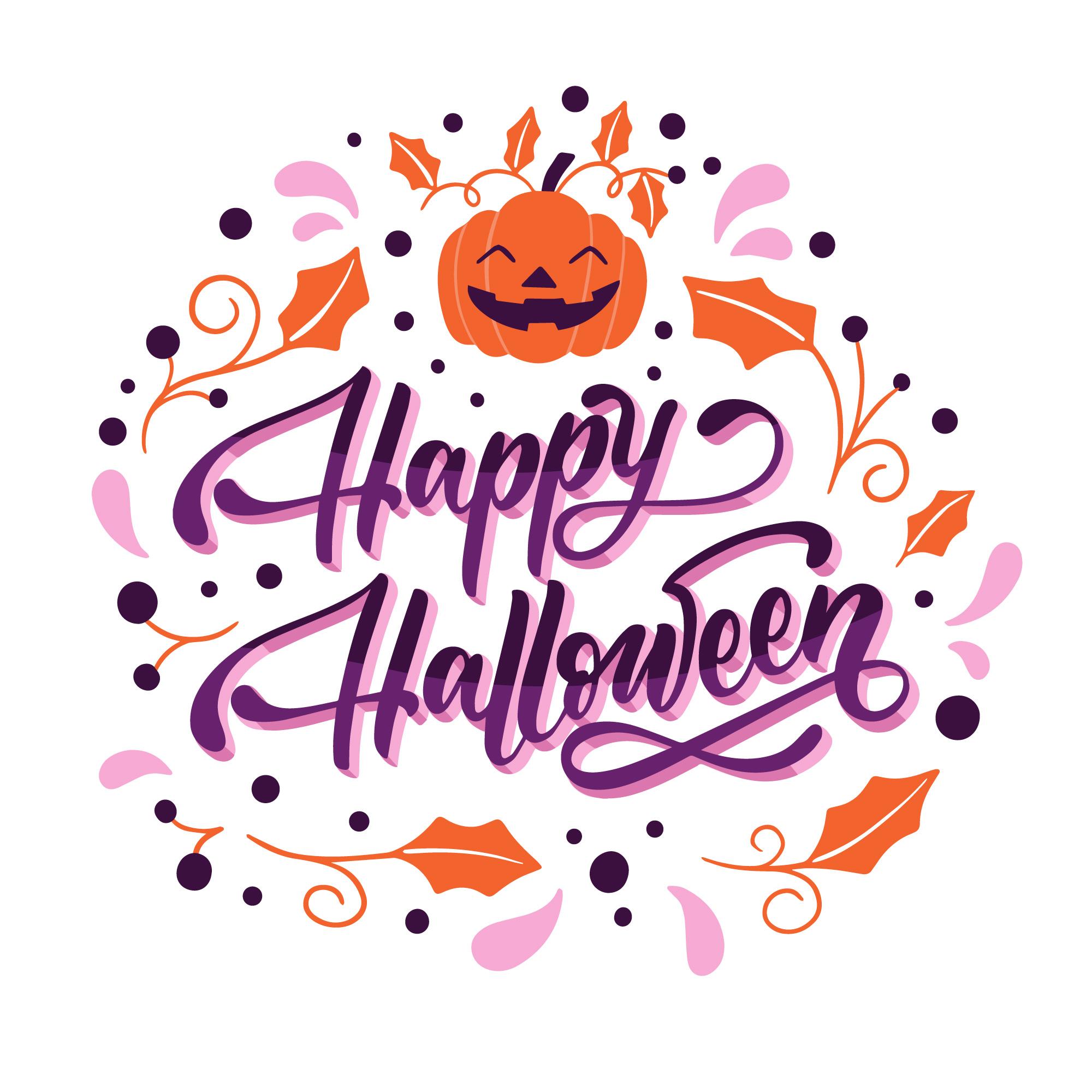 Happy Halloween text with a smiling pumpkin, leaves, and dots