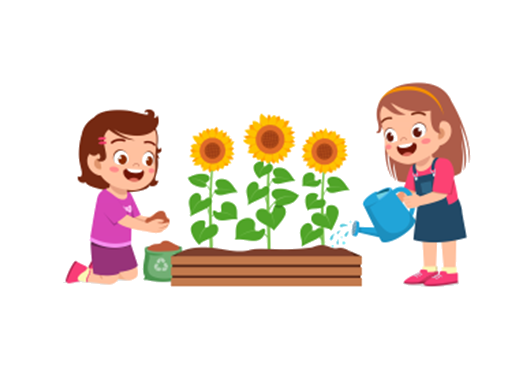 two little girls planting and watering sunflowers