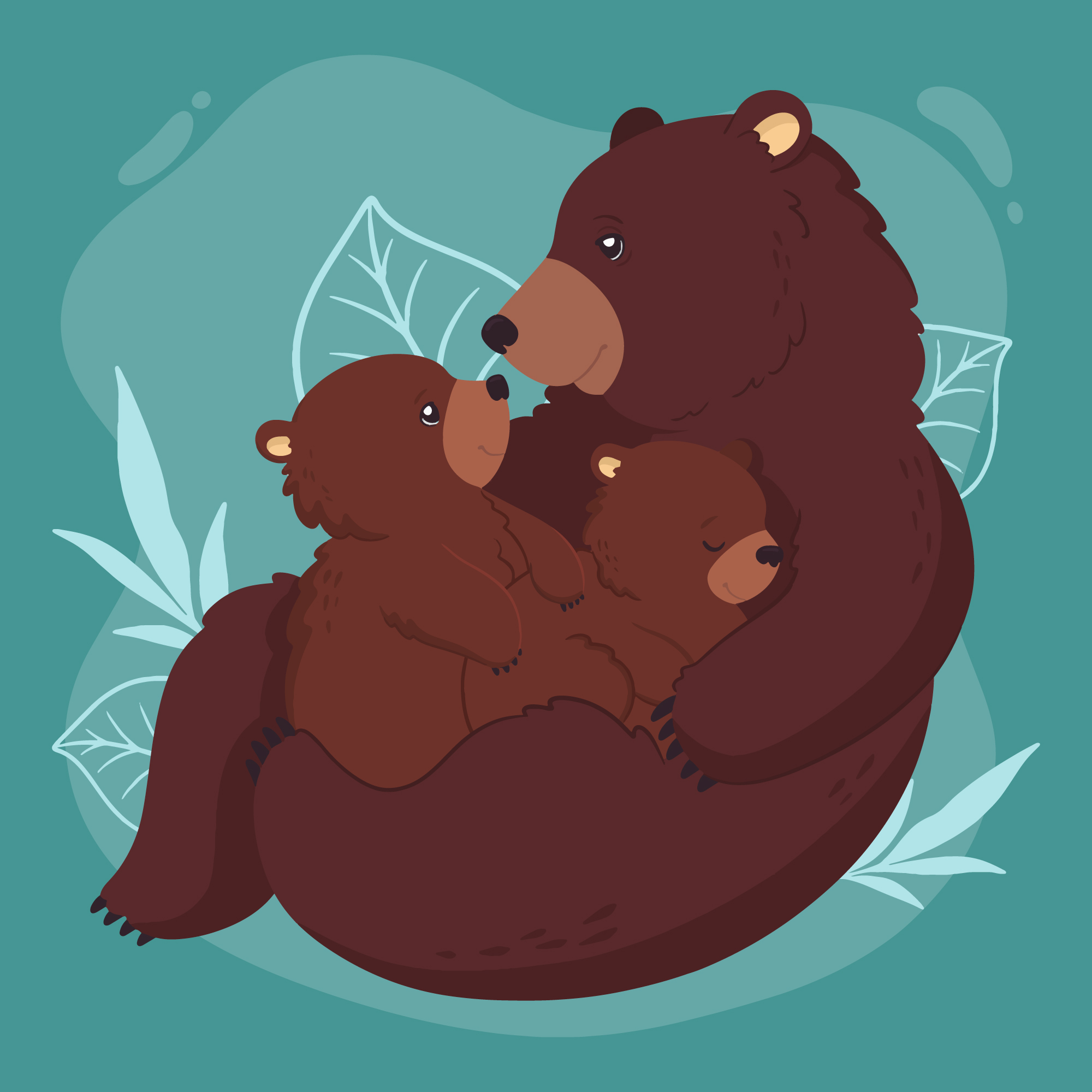 parent bear cuddling two cubs with a teal background