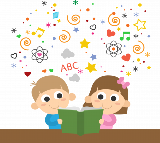 two children happily holding a book open with letters and symbols flying upwards
