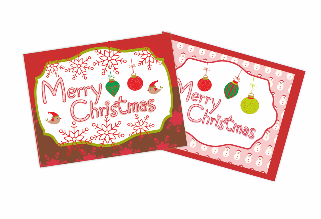 2 red Christmas cards with "Merry Christmas," ornaments and snowflakes