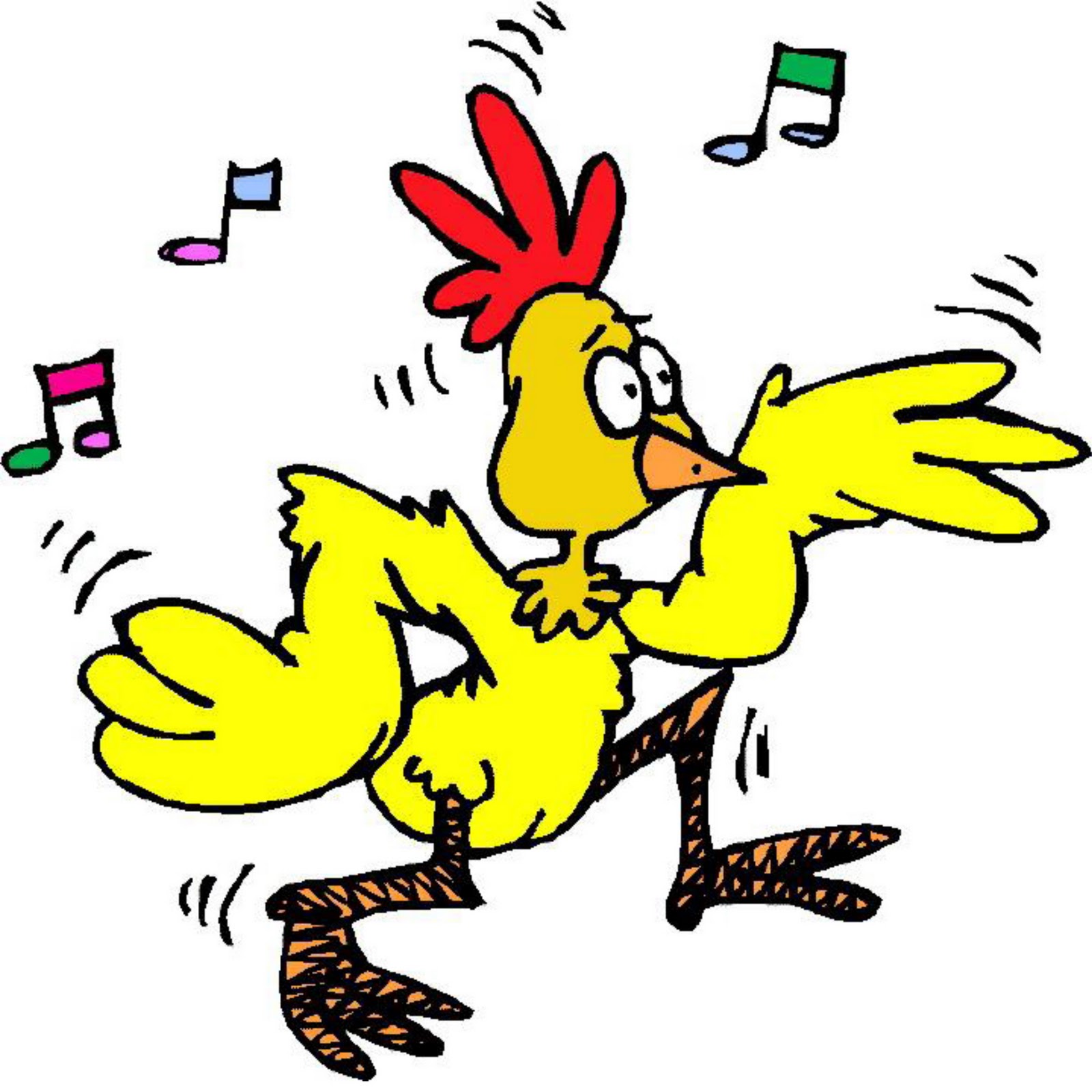 dancing yellow chicken with music notes floating around it