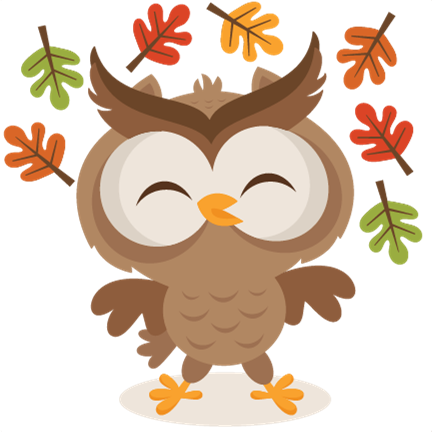 fall leaves falling around a happy owl