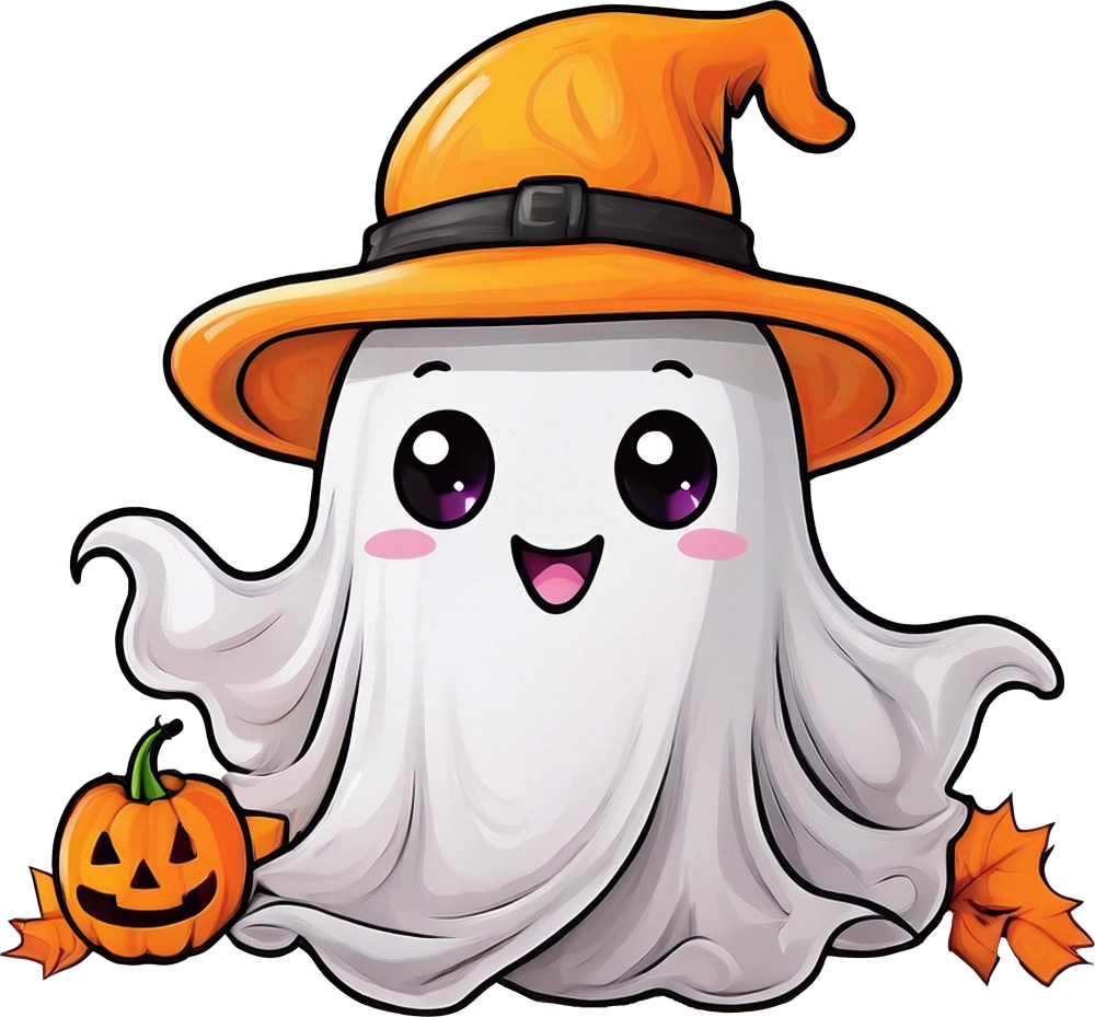 cute ghost with an orange witch hat with a jack-o-lantern and fall leaves