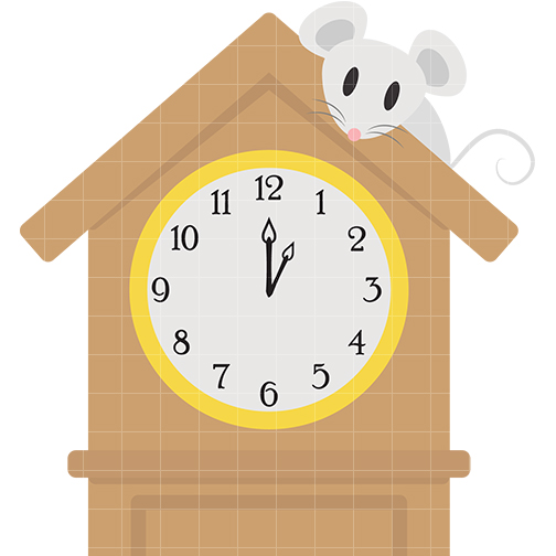 Brown house shaped clock with a grey mouse on the roof