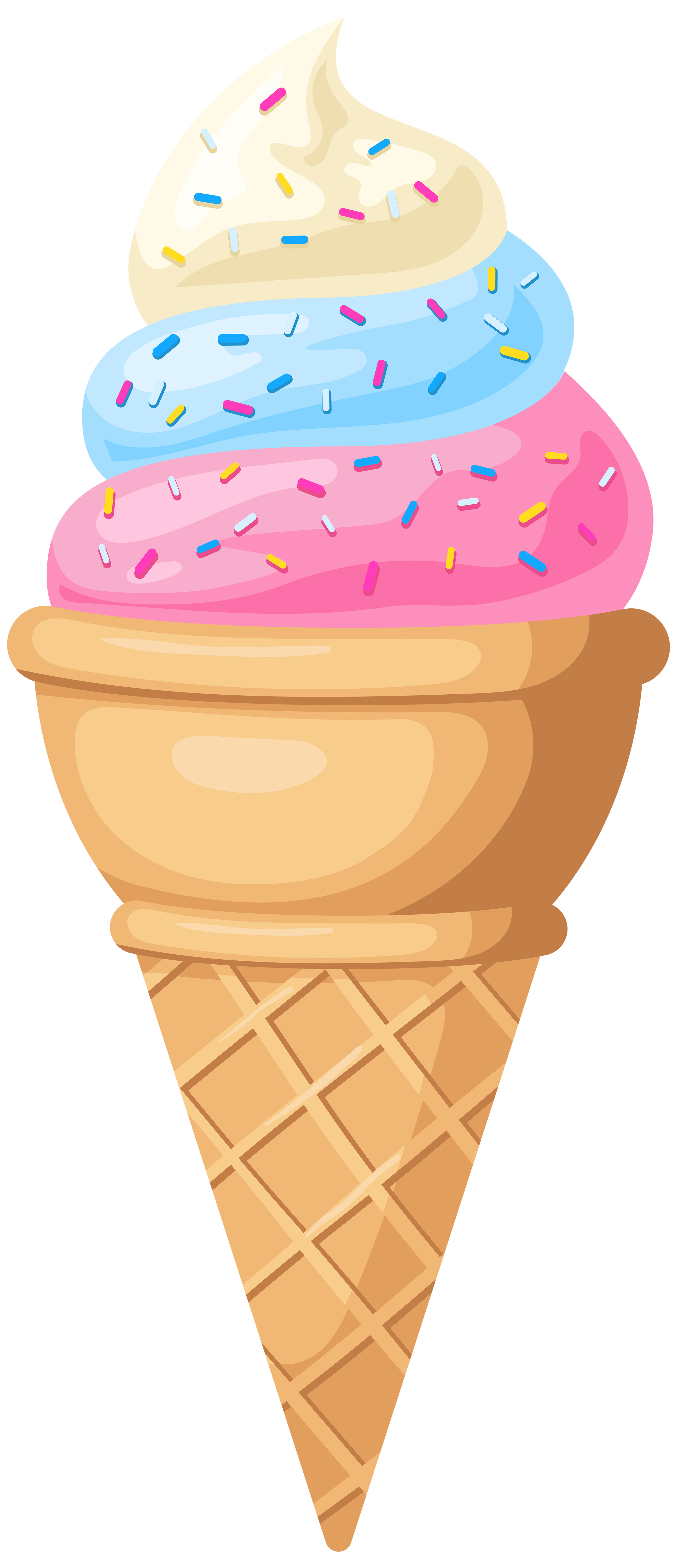 ice cream cone with white, blue and pink layers with sprinkles