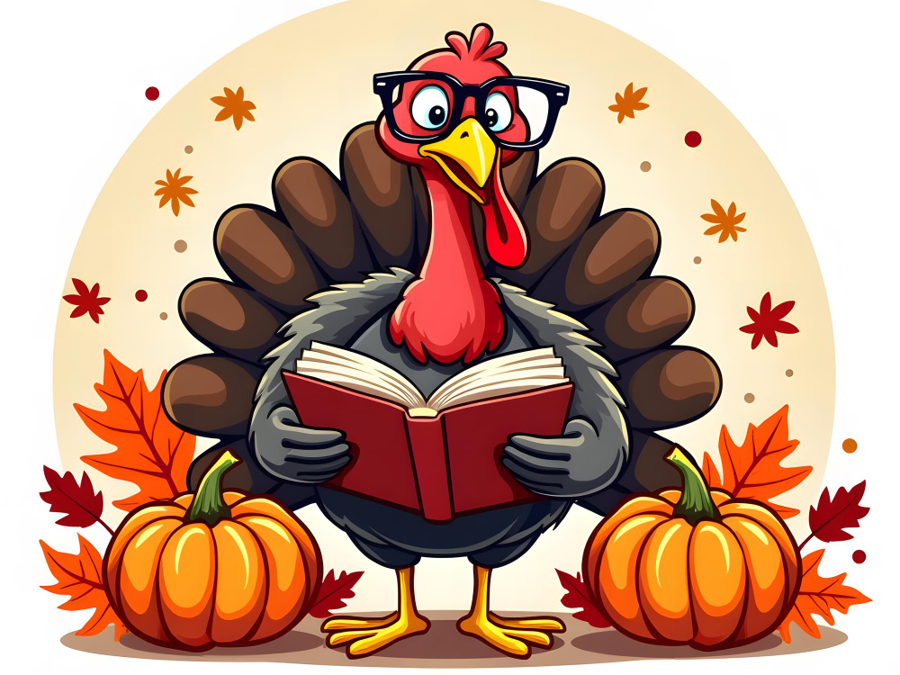 cartoon turkey reading a red book with autumn leaves and 2 orange pumpkins on either side