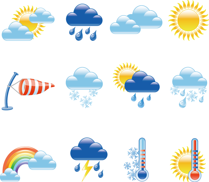 clipart of 12 different types of weather including rain, sun, and snow