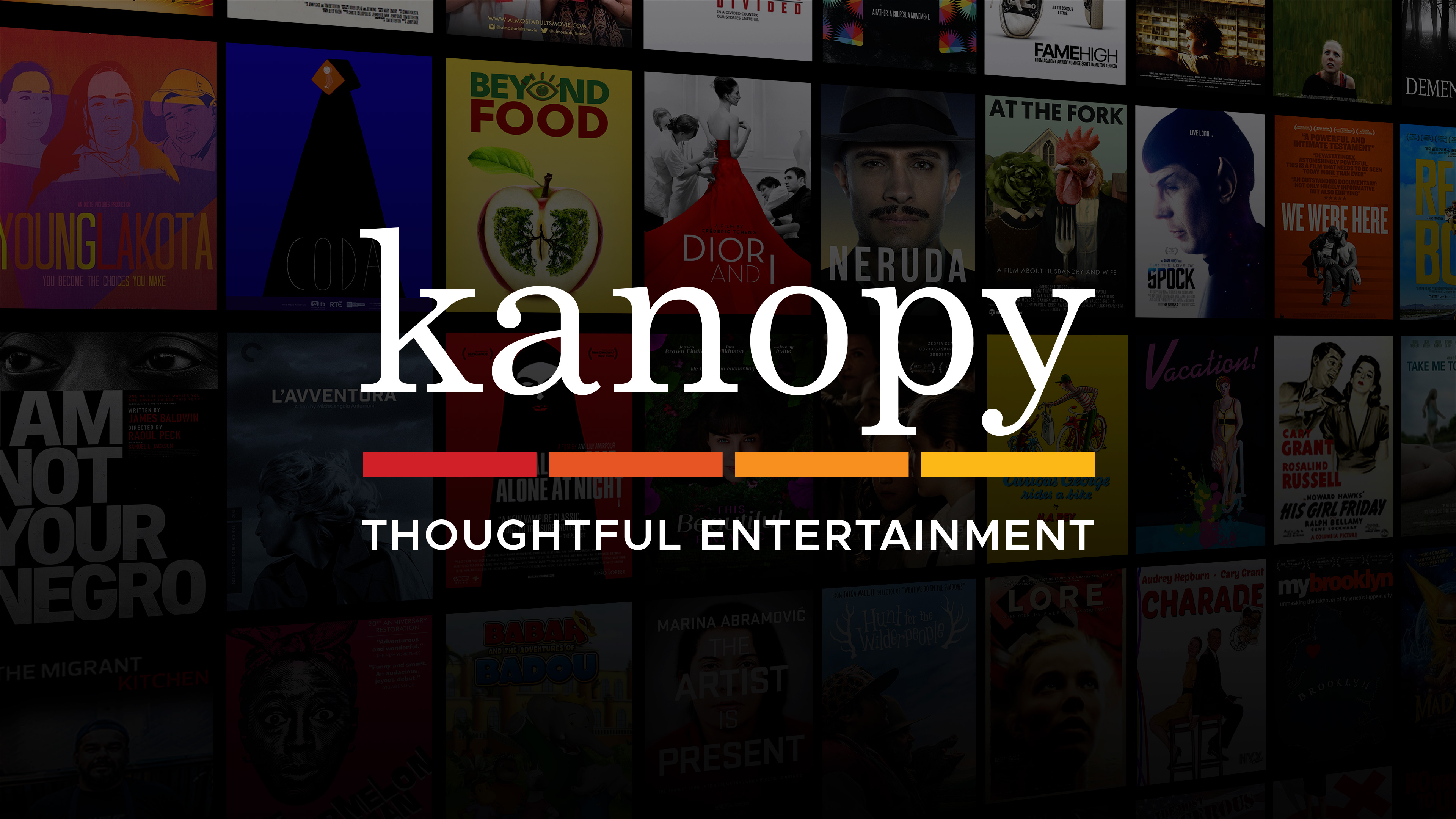 kanopy thoughtful entertainment with images of movies to stream behind it