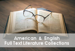 American & English full text literature collections with a photo of an open book with reading glasses sitting on top